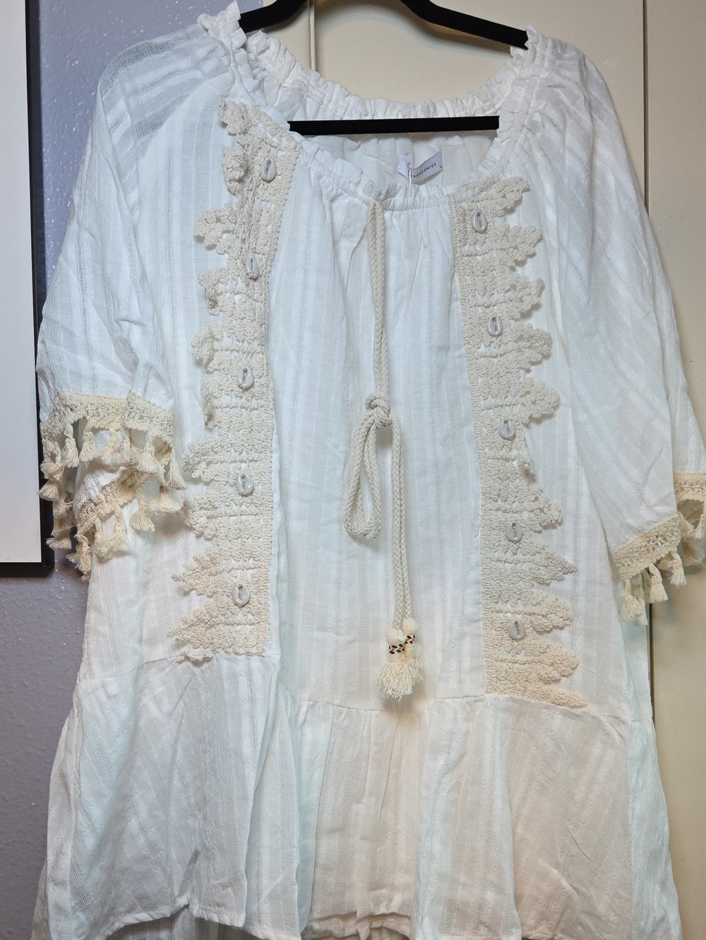Boho Crochet-Trim Peasant Dress- White / Cream